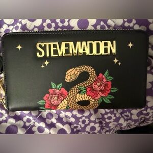 Steve Madden Black and Gold Wallet with Snake and Floral Design